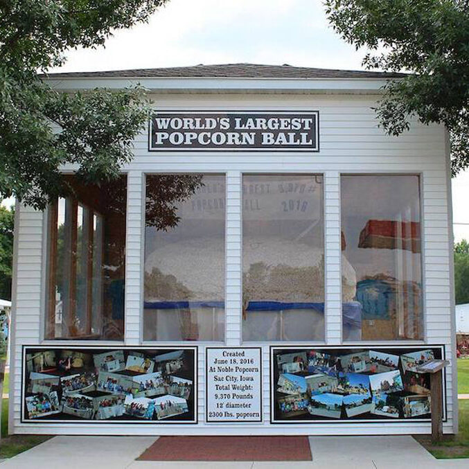 World's Largest Popcorn Ball in its shed, Sac City, Iowa.
